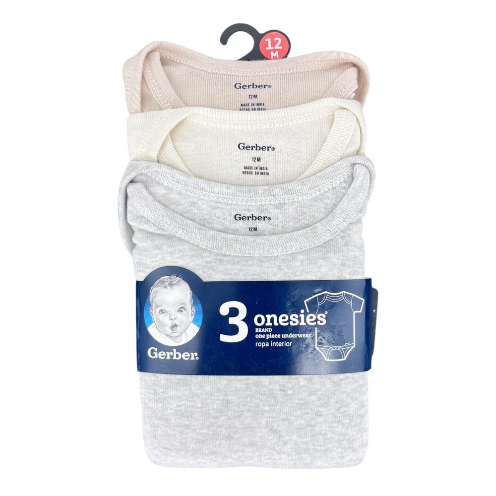 Gerber Onesies Bodysuits Unisex‎ 12M Grey Taupe Cream Short Sleeve Cotton 3-Pack
